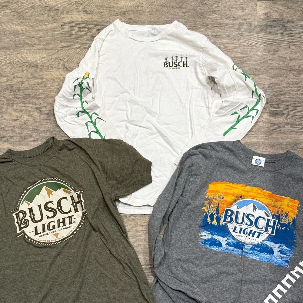 Three Busch Light Beer Shirts Two Long Sleeve White Gray Tee Short Sleeve